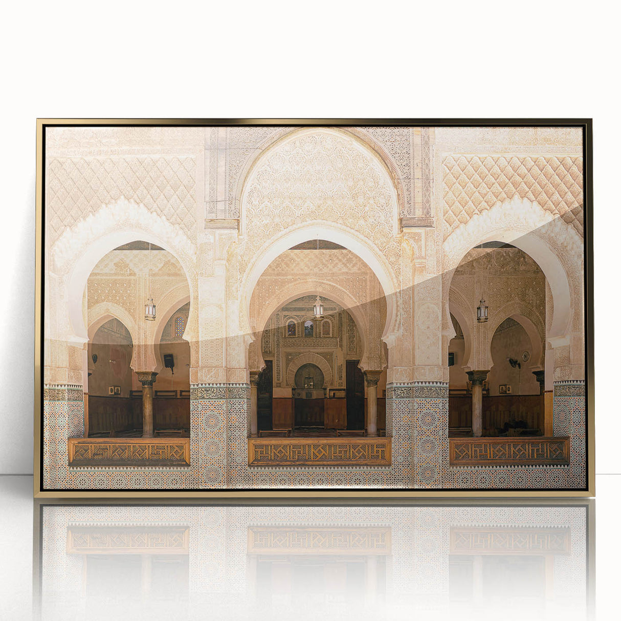 Mid-century modernist art of Moroccan scenery in gold tones on a framed acrylic, ideal for nursery or modern decor.