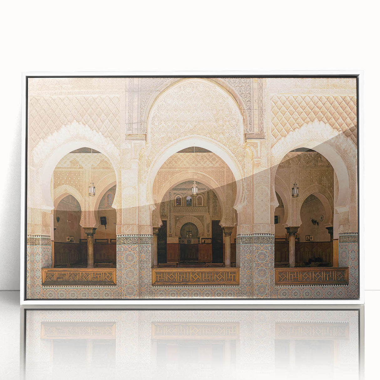 Large art print of a Moroccan landscape in muted earth tones on framed acrylic, suitable for modern art wall decor.