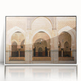 Large art print of a Moroccan landscape in muted earth tones on framed acrylic, suitable for modern art wall decor.