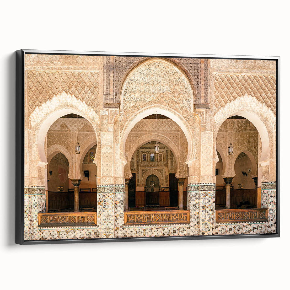 Black and white framed canvas featuring a vintage Moroccan landscape, ideal for bedroom wall decor.