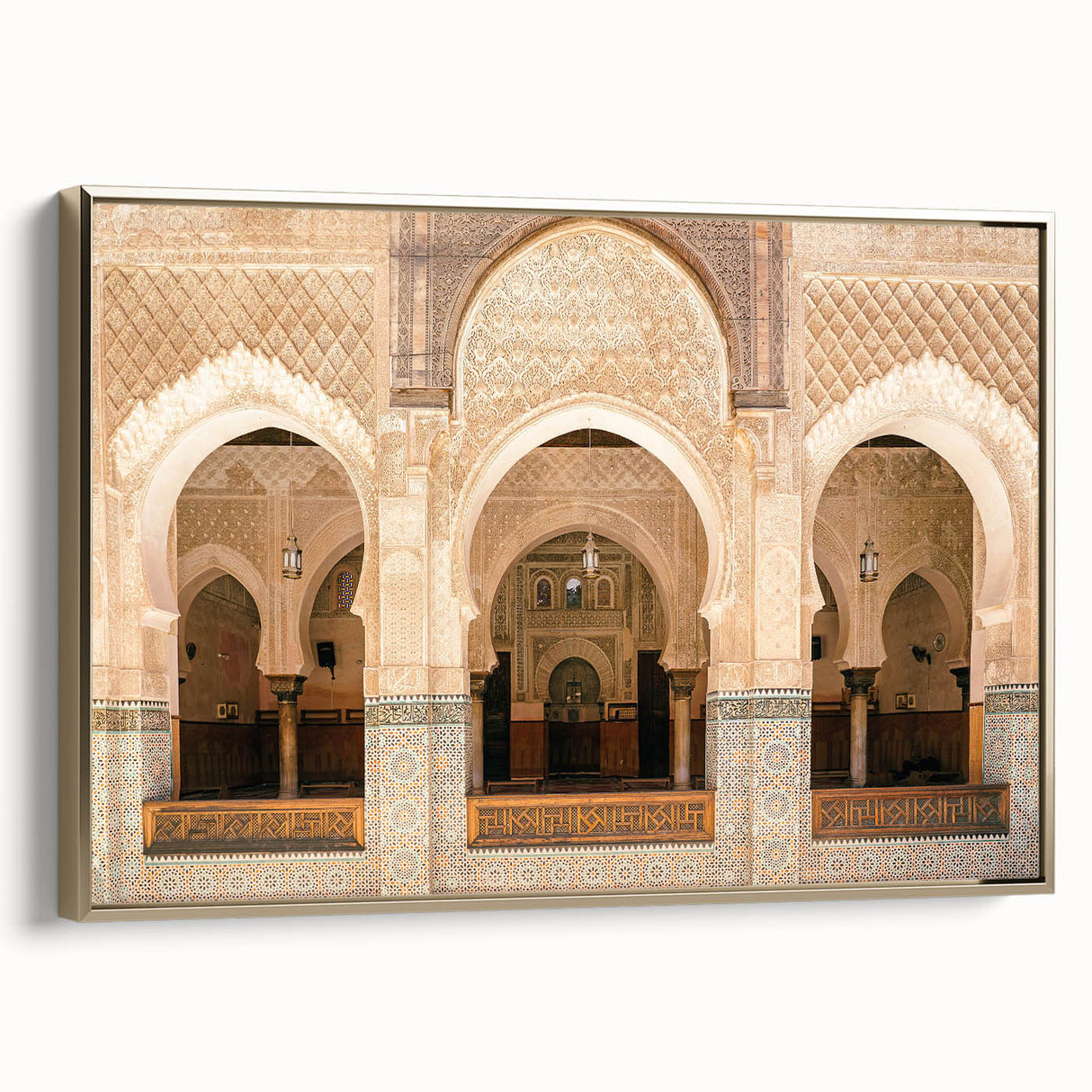 Framed canvas landscape art painting depicting a Moroccan scene in vibrant gold and black tones.