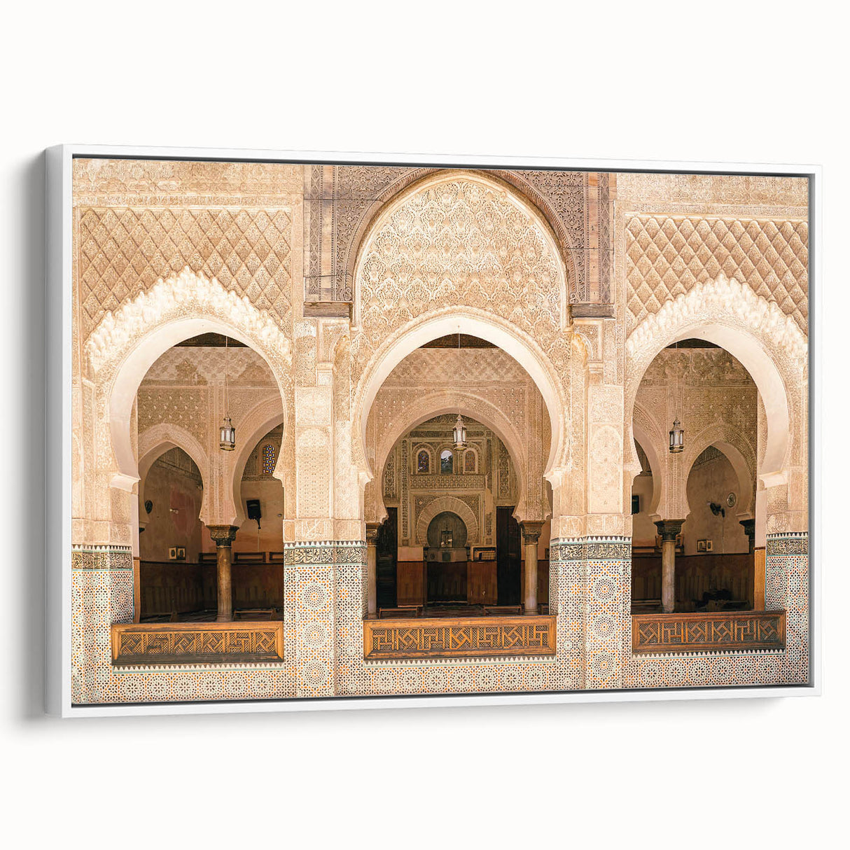 Framed canvas featuring a vintage-style Moroccan landscape with muted earth tones, ideal for bedroom wall decor.