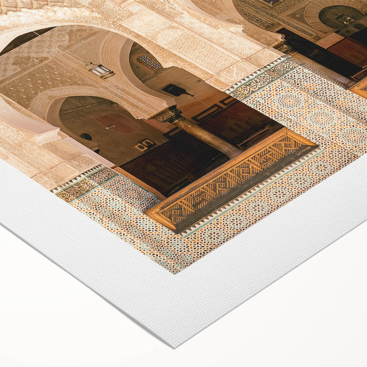 Art deco poster featuring a Moroccan landscape in muted earth tones on rolled canvas, suitable for dining room decor.