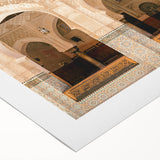Art deco poster featuring a Moroccan landscape in muted earth tones on rolled canvas, suitable for dining room decor.