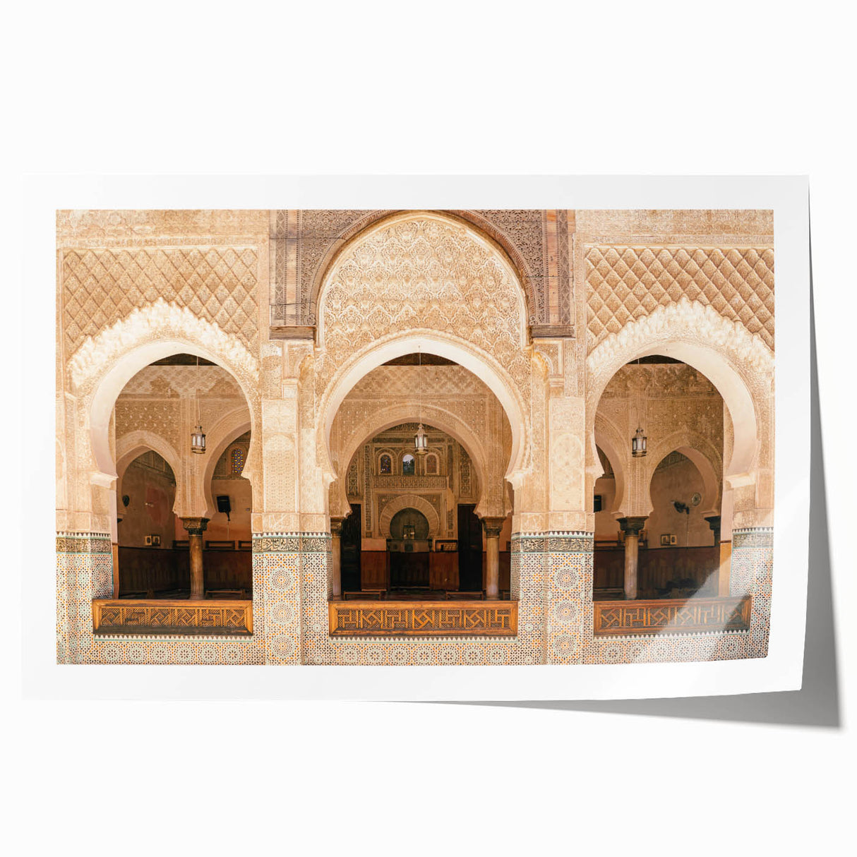 Extra large rolled print of a Moroccan landscape with vibrant floral elements, ideal for art wall dining room.