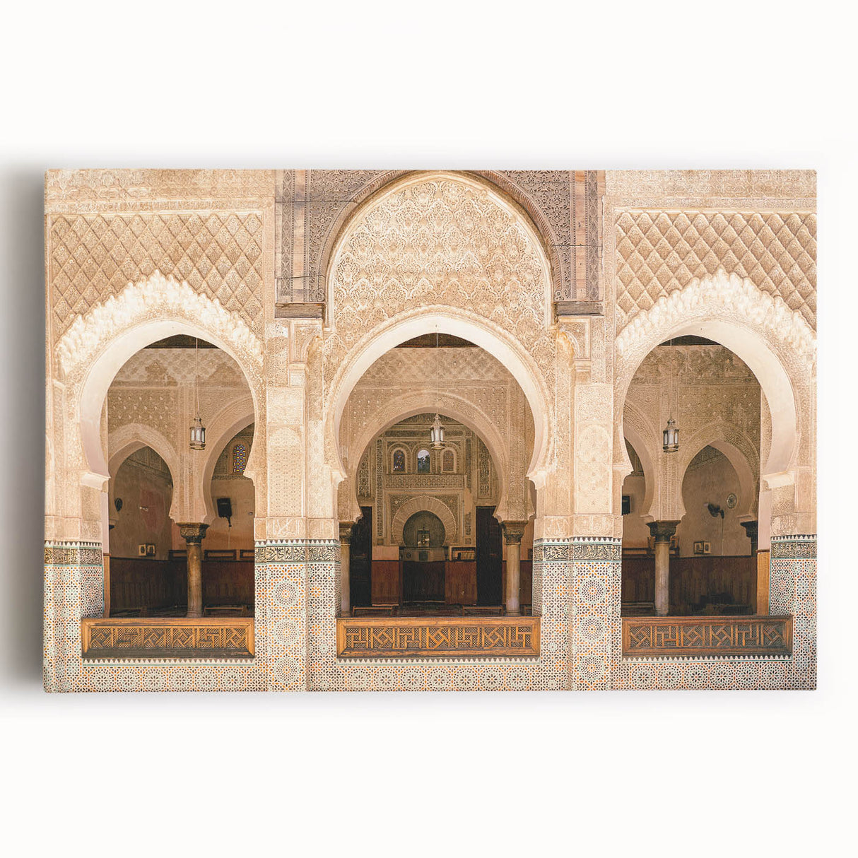 A large black and white canvas print depicting a Moroccan street scene, ideal for kitchen wall art.