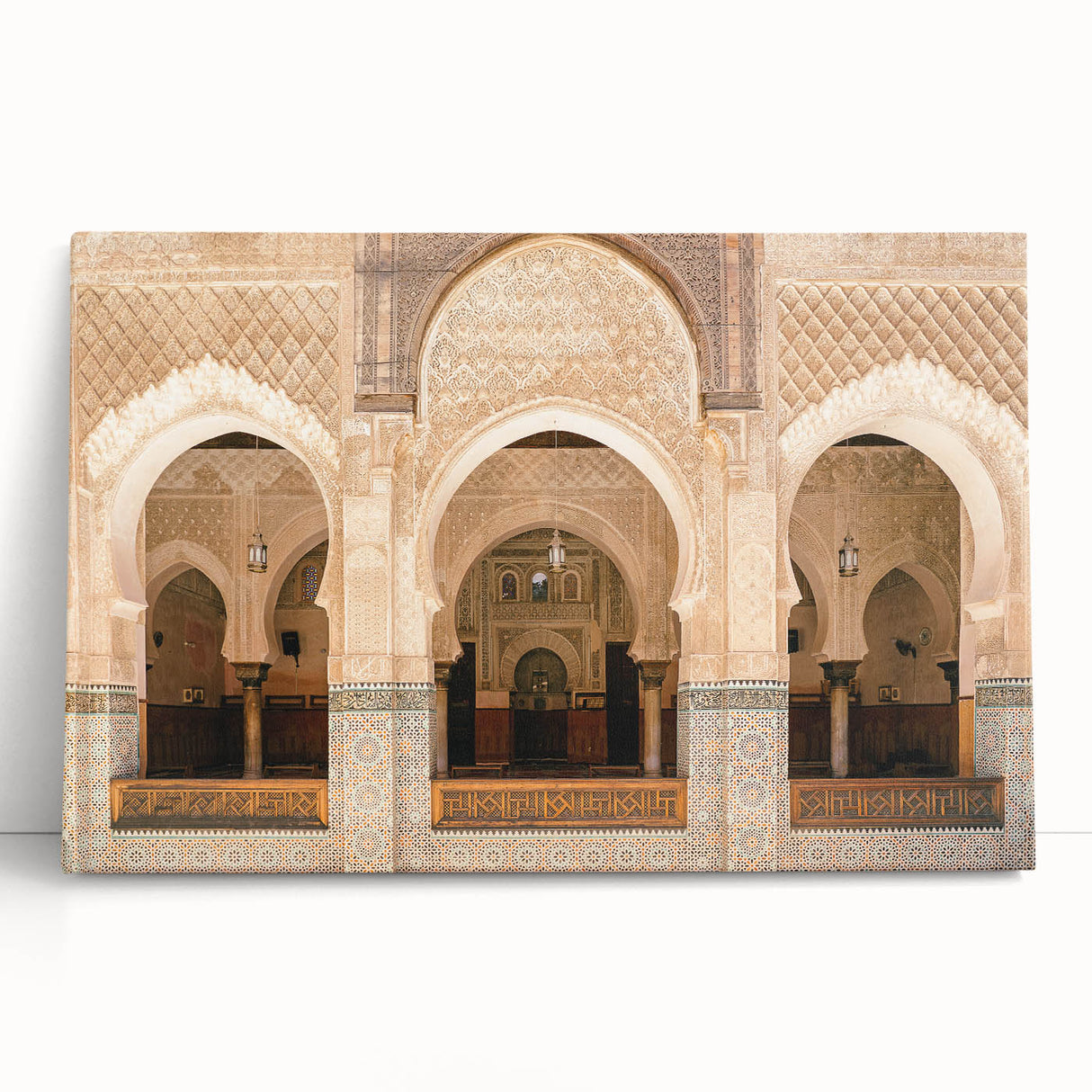 Black and white large art of Moroccan scenery on stretched canvas, ideal for kitchen wall art or bedroom decor.