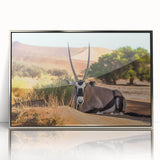 Acrylic print of an African landscape in muted earth tones, framed in silver, suitable for modern art wall decor.