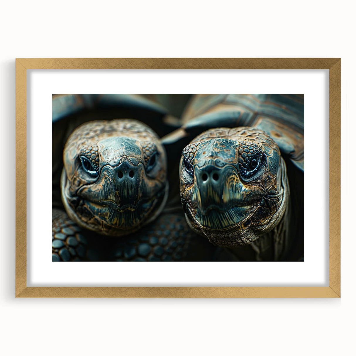 Abstract art print of Seychelles scenery in muted blue and green tones, framed in gold, suitable for dining room decor.