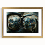 Abstract art print of Seychelles scenery in muted blue and green tones, framed in gold, suitable for dining room decor.