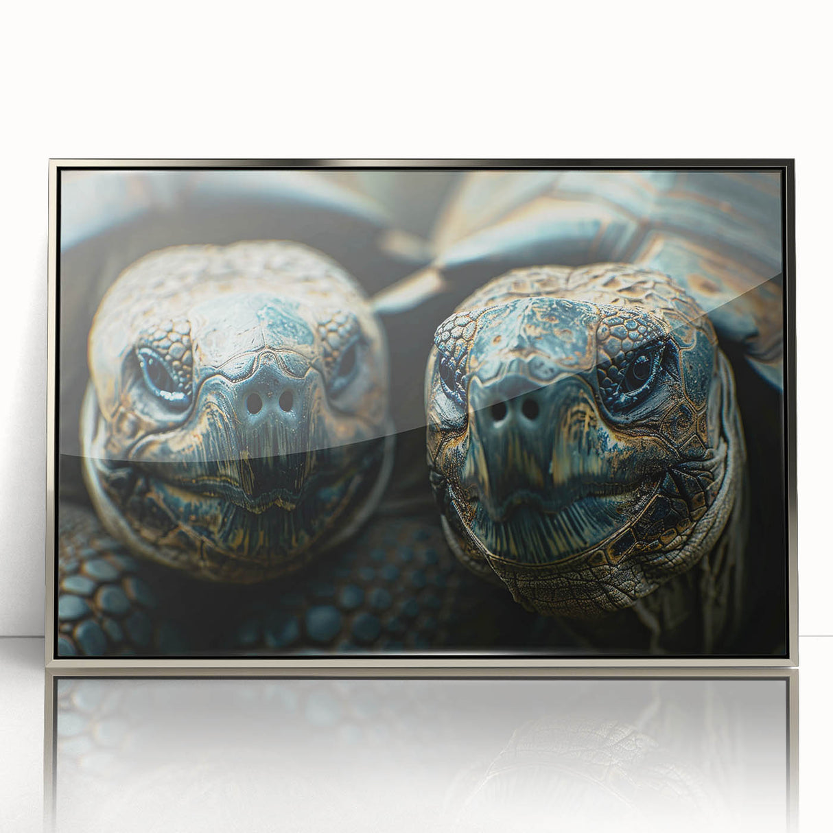 Mid-century modernist art depicting a serene Seychelles landscape in muted blue and green tones on a silver-framed acrylic…