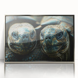 Mid-century modernist art depicting a serene Seychelles landscape in muted blue and green tones on a silver-framed acrylic…