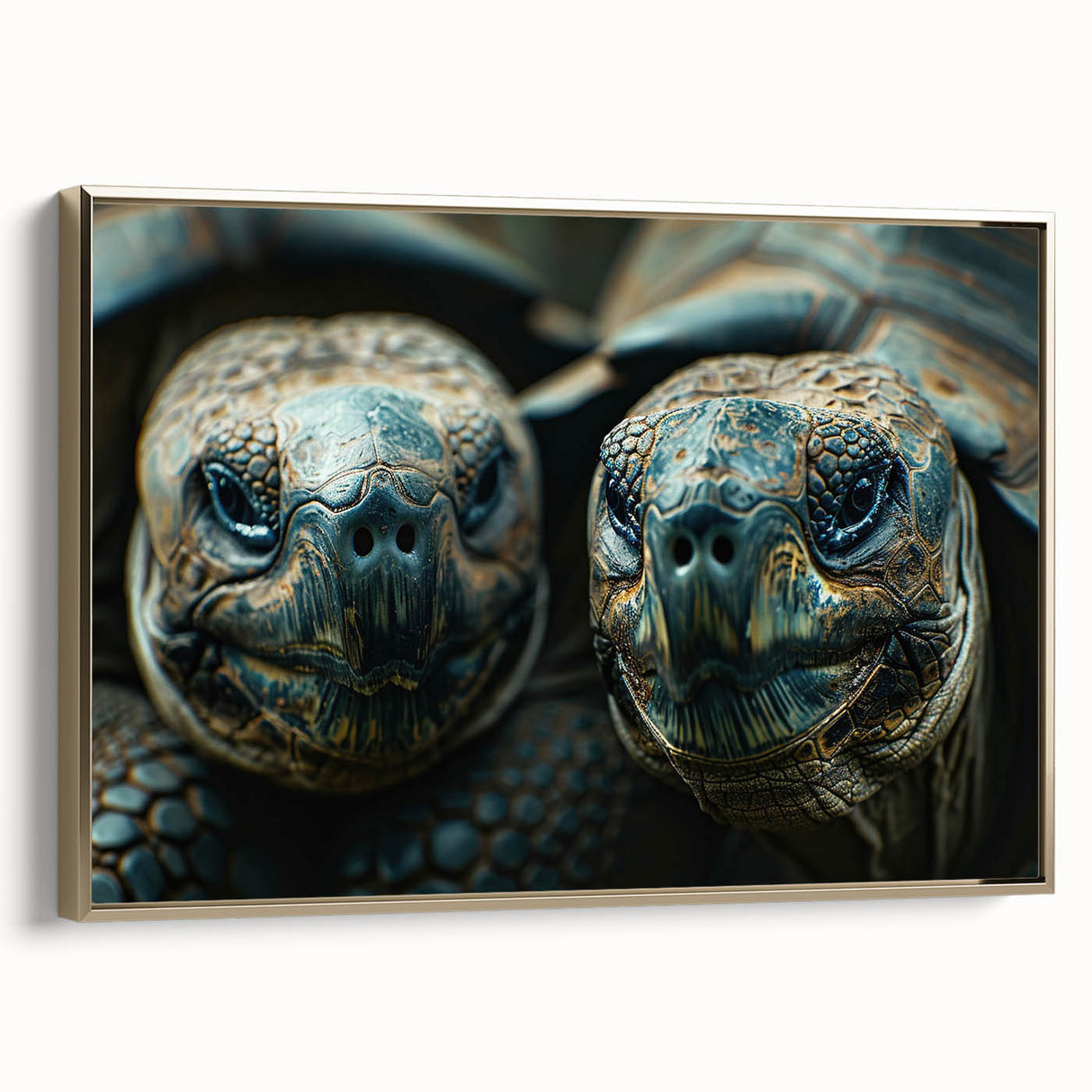 Framed canvas featuring a vintage-style landscape painting of Seychelles with lush greenery and ocean, set in a gold frame.