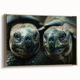 Framed canvas featuring a vintage-style landscape painting of Seychelles with lush greenery and ocean, set in a gold frame.