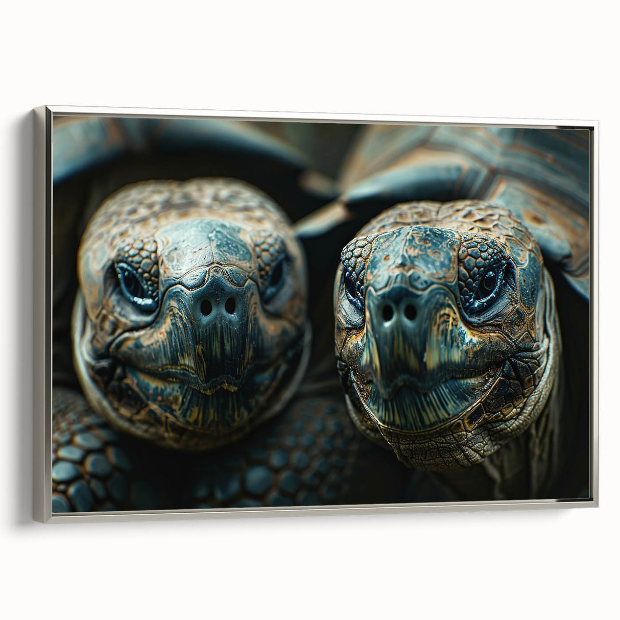 Landscape art painting of Seychelles with vivid blue and green hues on a silver-framed canvas.
