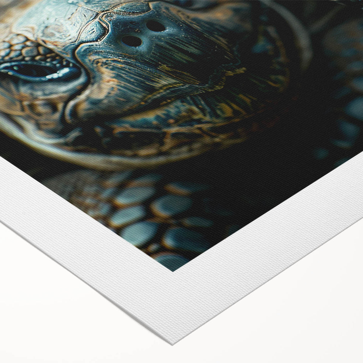 Art Deco style poster of Seychelles landscape on rolled canvas, featuring muted blue and green tones.
