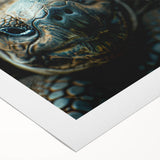 Art Deco style poster of Seychelles landscape on rolled canvas, featuring muted blue and green tones.