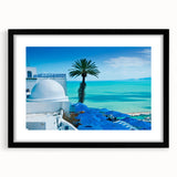 Abstract art print featuring a colorful, textured depiction of a Tunisian landscape on a large framed canvas.