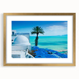 Abstract art print of a Tunisian landscape in gold frame, featuring earthy tones, ideal for dining room decor.