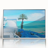 Acrylic print of a Tunisian landscape in art deco style, with muted earth tones, ideal for modern nursery wall decor.