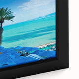 Extra large framed canvas featuring a textured depiction of a Tunisian landscape in black with colorful accents.