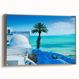 Framed canvas depicting a Tunisian landscape in muted earth tones, ideal for bedroom wall art.
