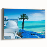 Landscape art painting of a Tunisian scenery on framed canvas, featuring vibrant colors with a vintage poster style.