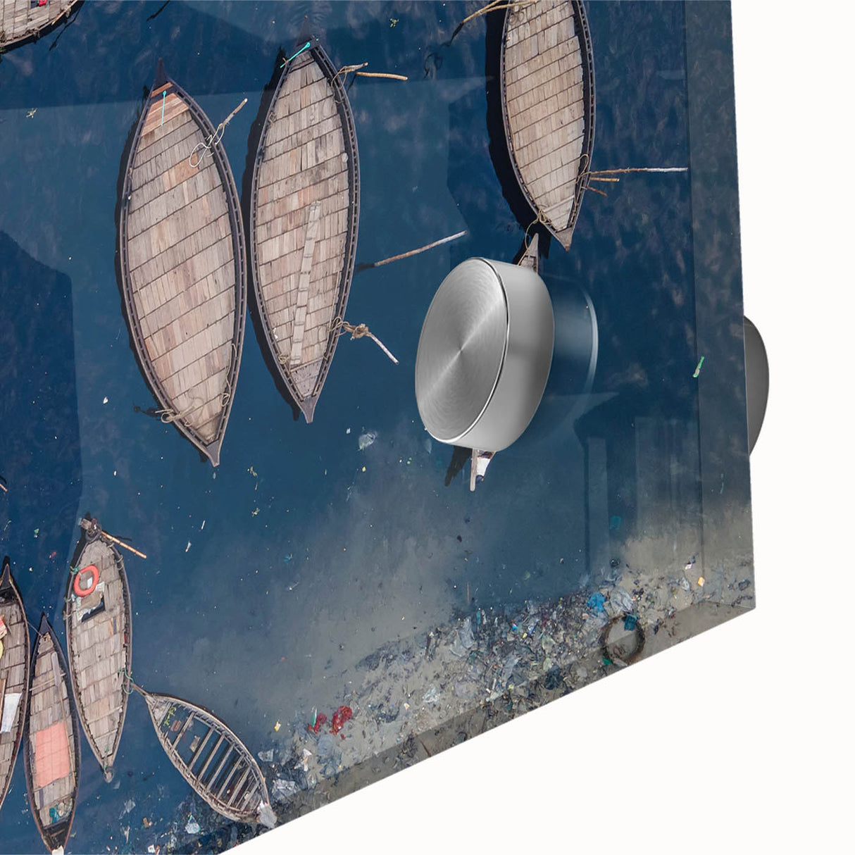 Large abstract wall art on acrylic glass depicting Bangladesh scenery in mid-century modernist style.
