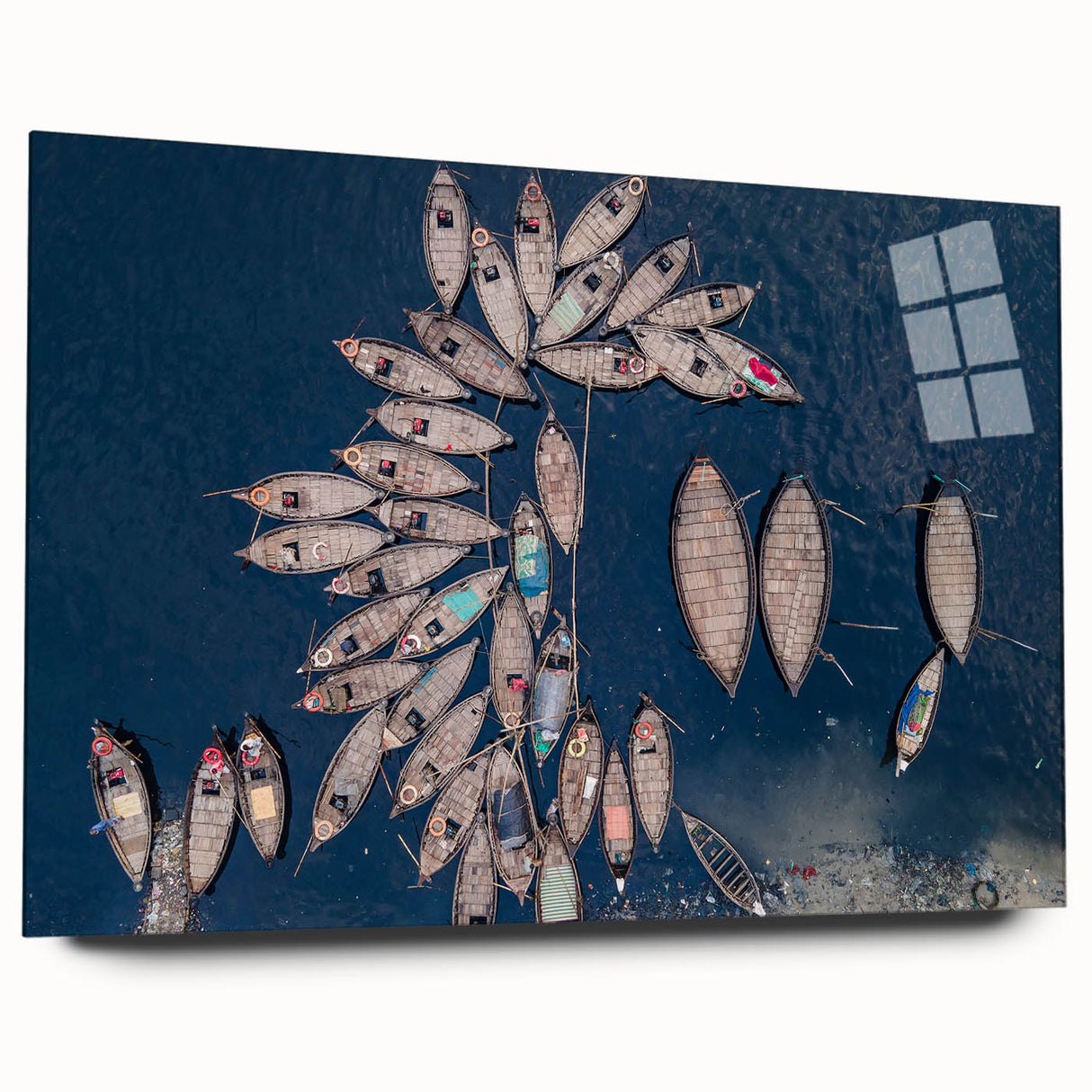 Large abstract wall art depicting a serene Bangladesh landscape on acrylic glass, in cool blue and green tones.