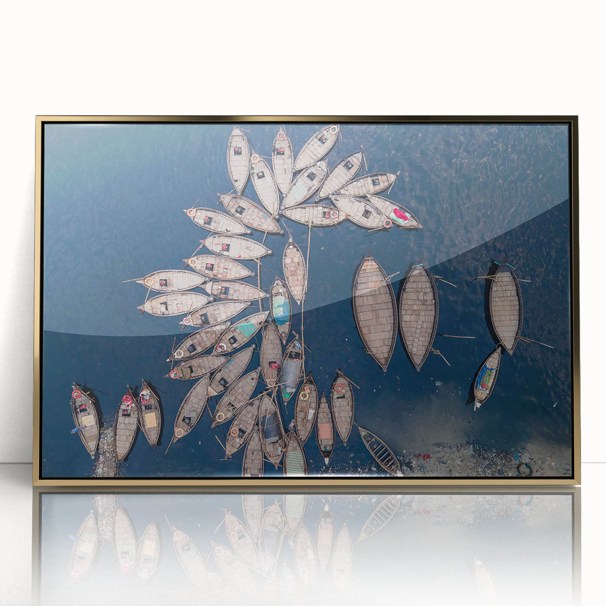 Framed acrylic print of a serene Bangladesh landscape in muted green and blue tones, ideal for modern art wall decor.