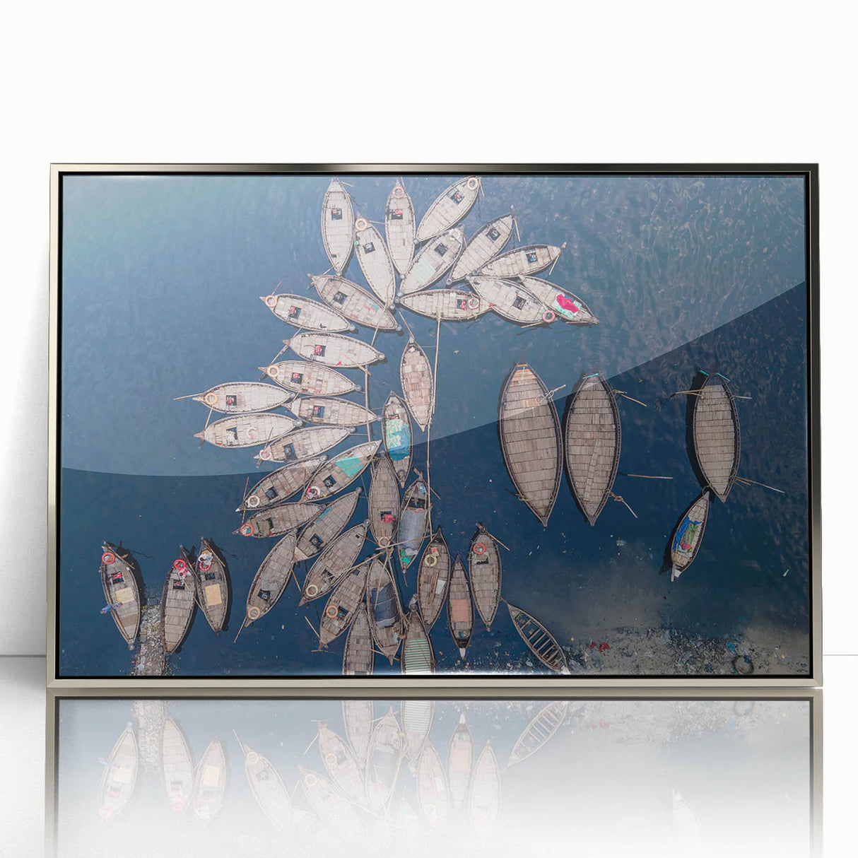 Mid-century modernist art depicting a serene Bangladesh landscape in muted earth tones, framed acrylic.