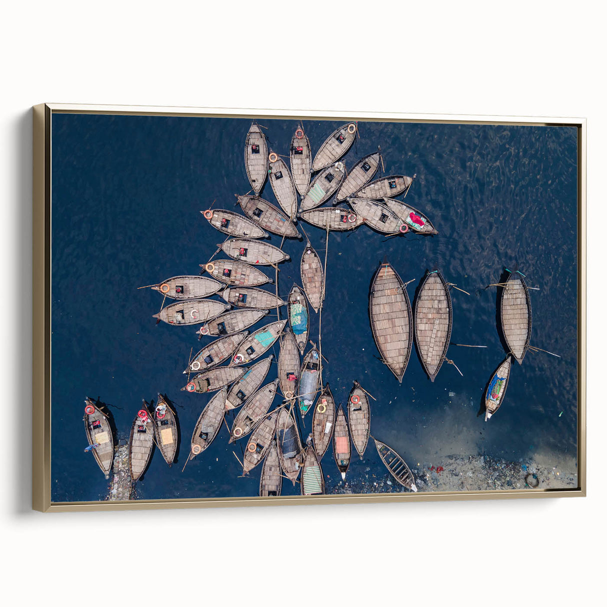 Framed canvas of a vintage-style landscape painting featuring serene Bangladesh scenery in black and gold tones.