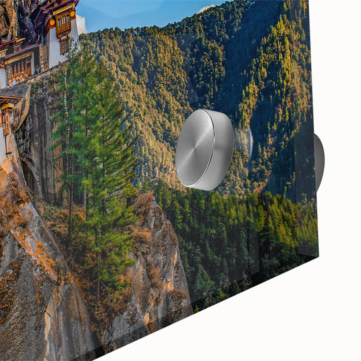 Large abstract wall art featuring a Bhutanese landscape in muted earth tones on acrylic glass.