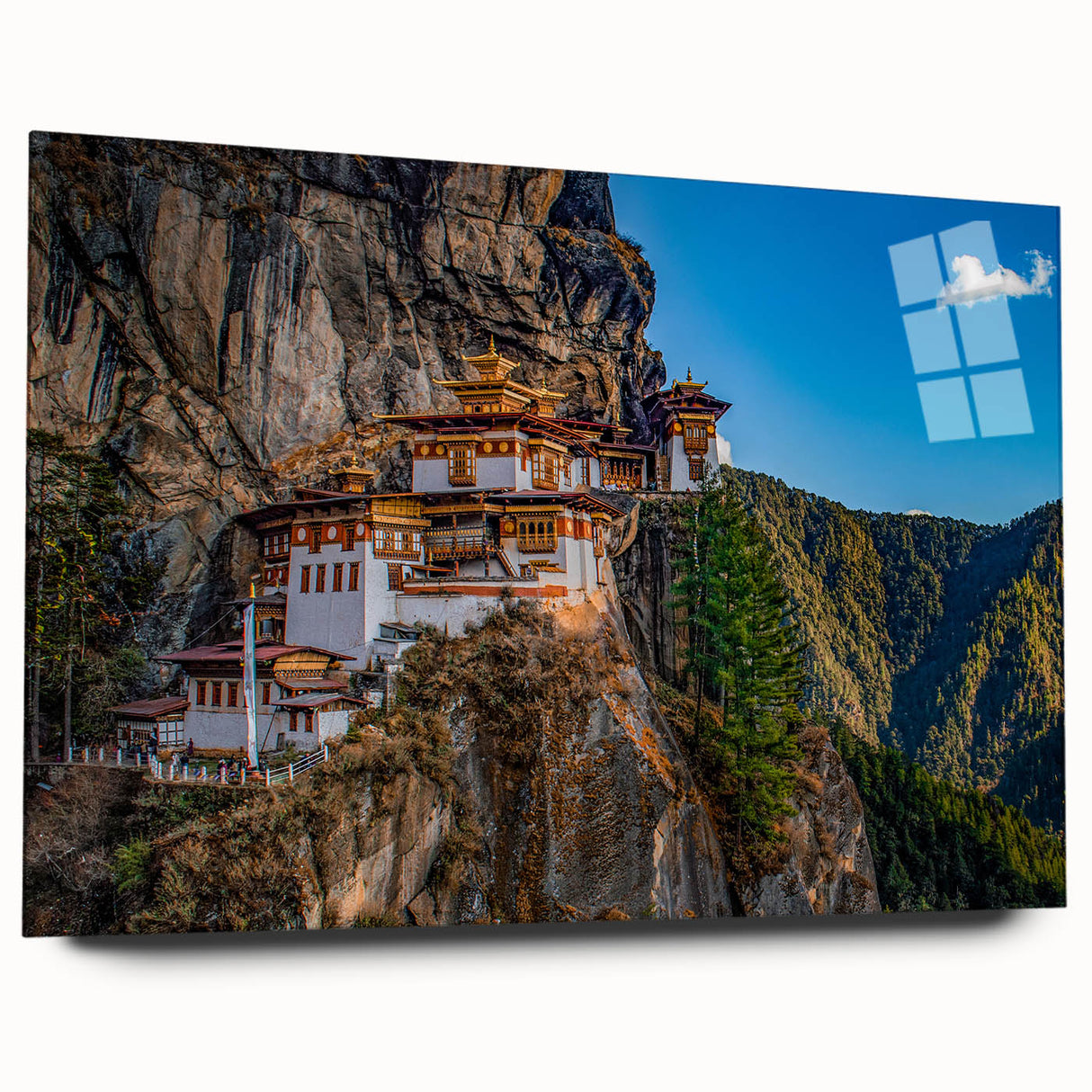 Large abstract wall art of Bhutan scenery in muted earth tones on acrylic glass, ideal for bedroom or dining room decor.