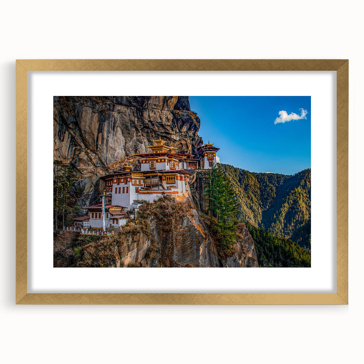 Extra large abstract art print of Bhutan scenery in textured gold frame, suitable for living room decor.