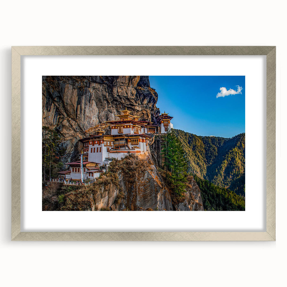 Textured art print of an abstract Bhutanese landscape in muted earth tones on a framed canvas, ideal for bedroom art.