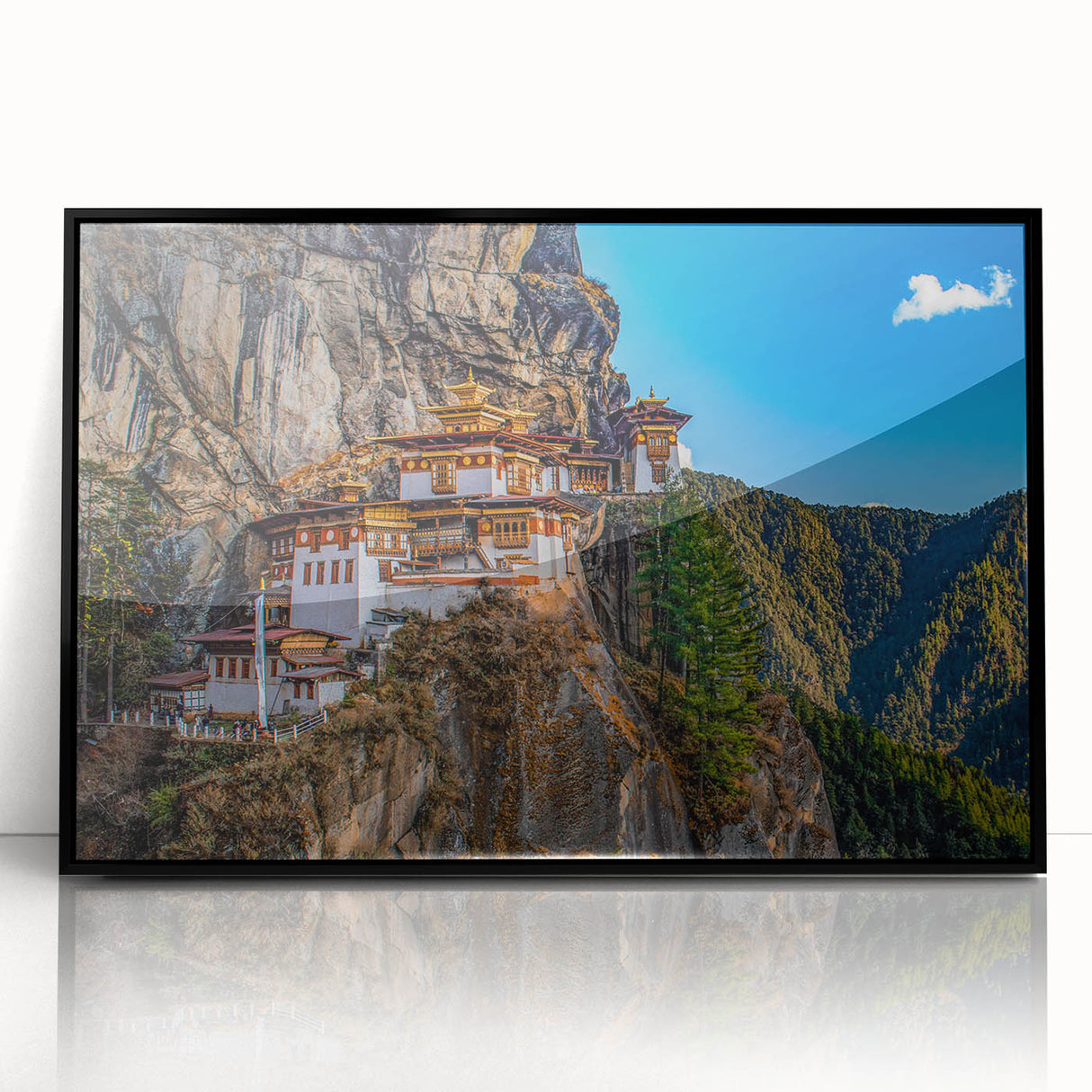 Large abstract wall art depicting a Bhutanese landscape in acrylic, framed in black, ideal for modern art wall decor.