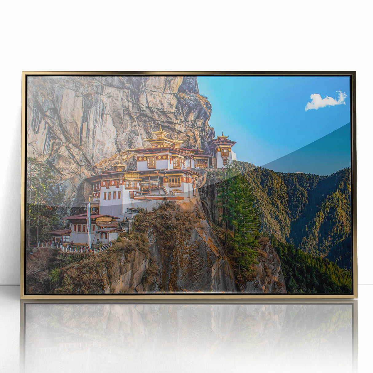 Mid-century modernist style large art print of Bhutan scenery in muted gold tones, acrylic framed.