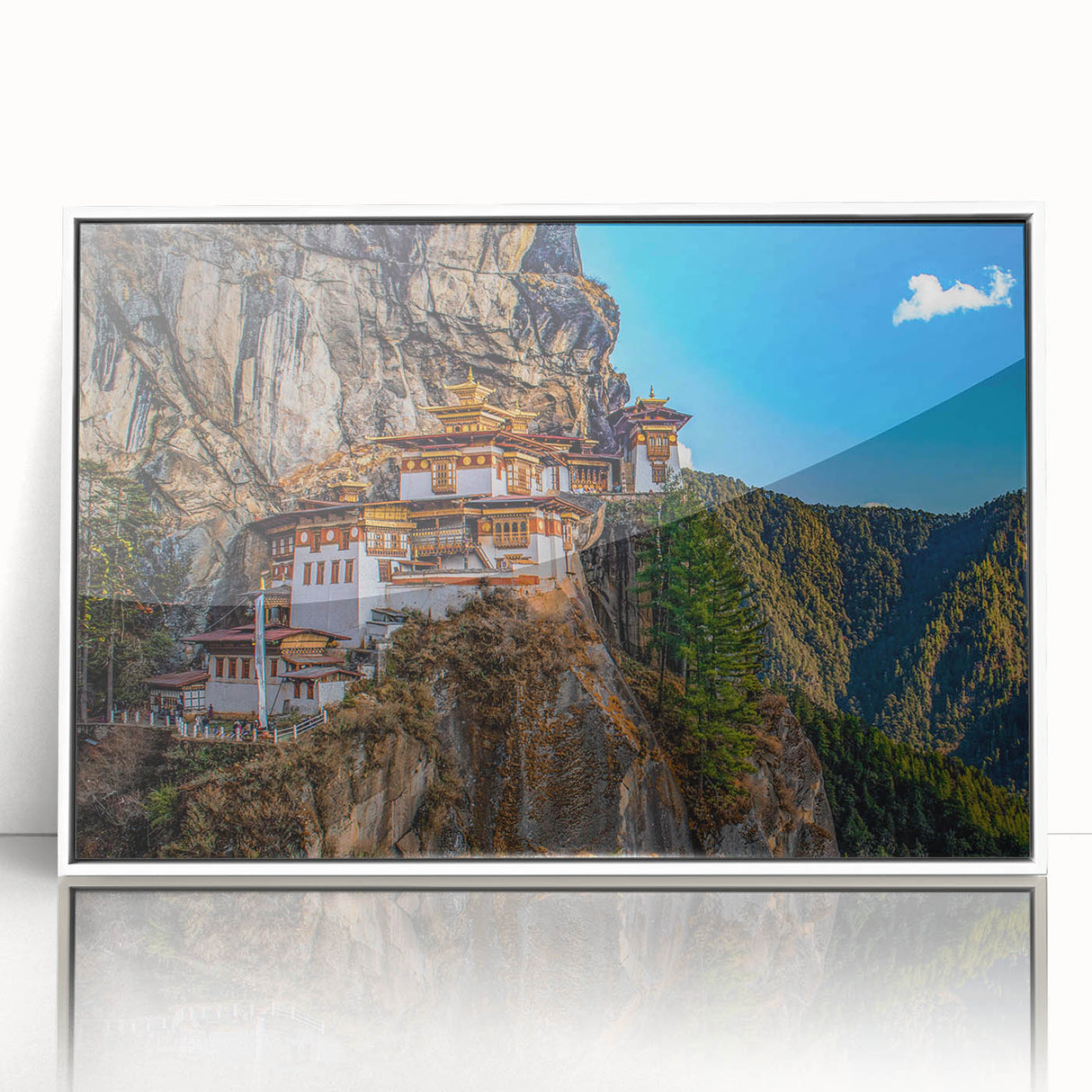 Acrylic print of a serene Bhutanese landscape in soft pastel colors, framed in white, suitable for modern art wall decor.
