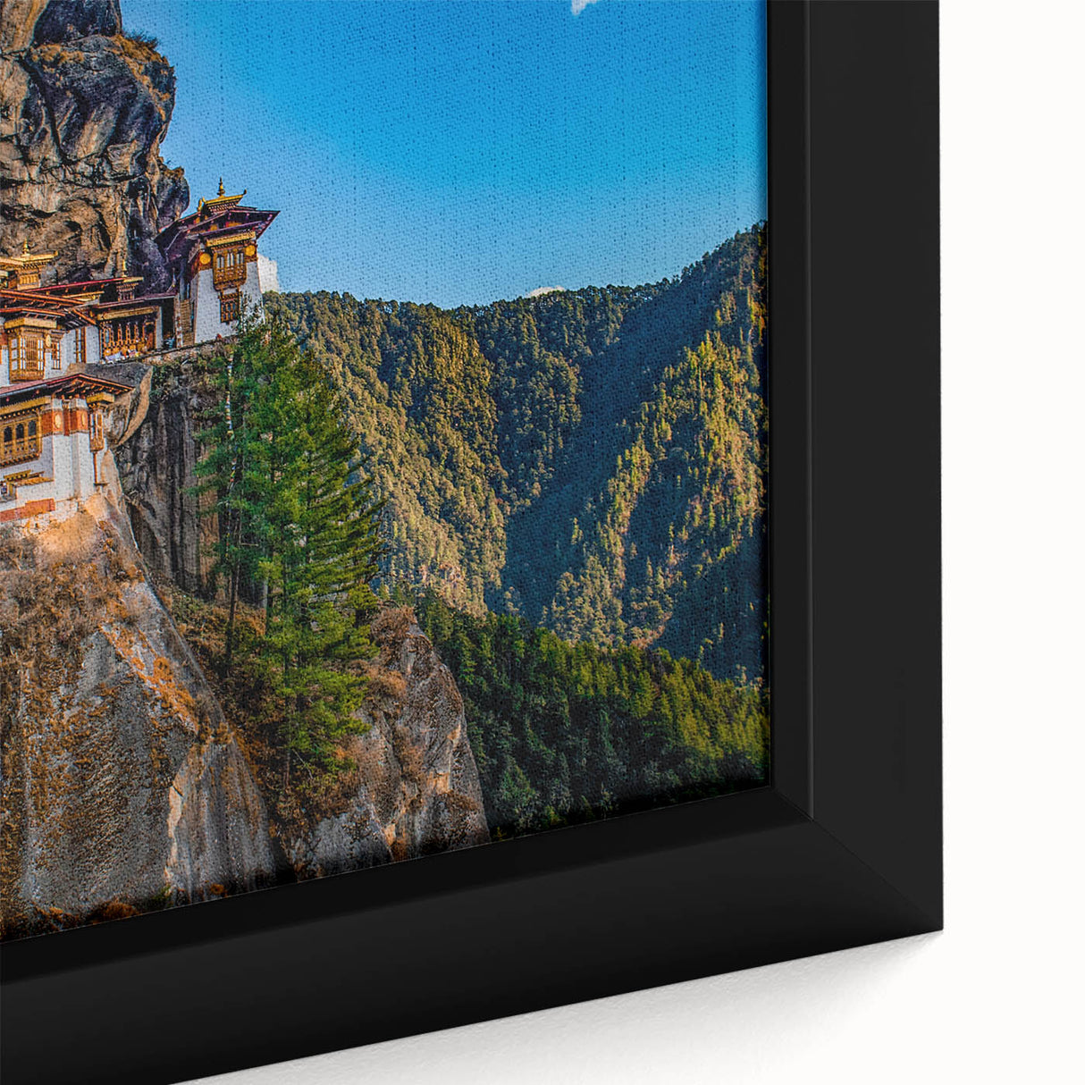 Extra large framed canvas featuring a textured, colorful Bhutanese landscape on black background.