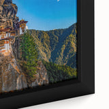Extra large framed canvas featuring a textured, colorful Bhutanese landscape on black background.