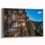 Landscape art painting of Bhutan scenery in colorful hues on a framed canvas, ideal for living room decor.