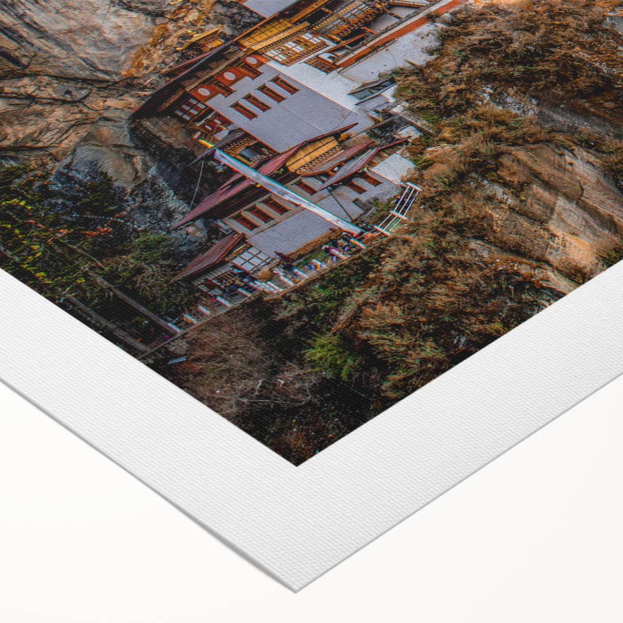 Art deco poster featuring a serene Bhutanese landscape in subdued earth tones, printed on rolled canvas.