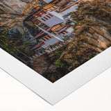 Art deco poster featuring a serene Bhutanese landscape in subdued earth tones, printed on rolled canvas.