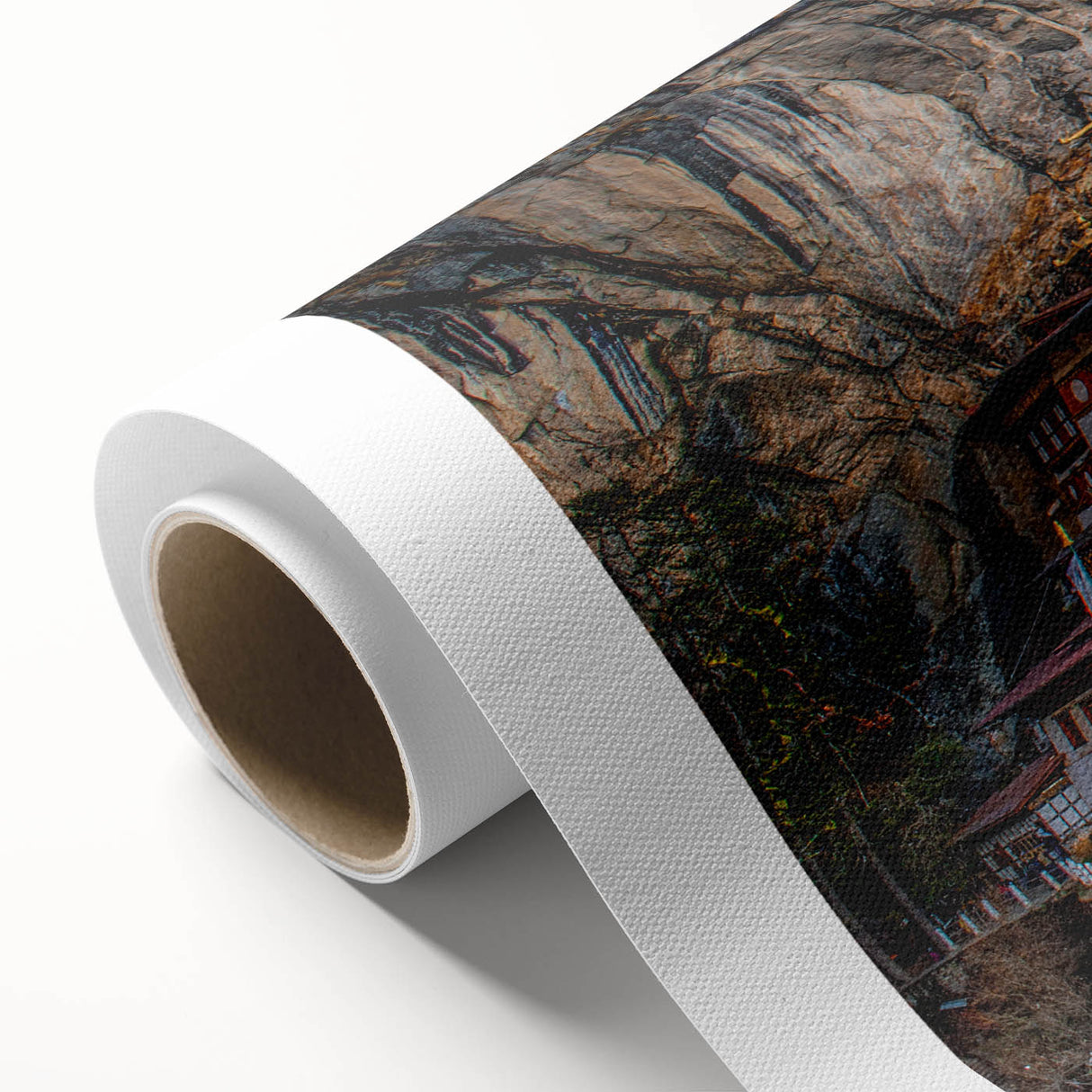 Art deco poster of Bhutan scenery in muted earth tones on rolled canvas, suitable for nursery wall art or dining room decor.