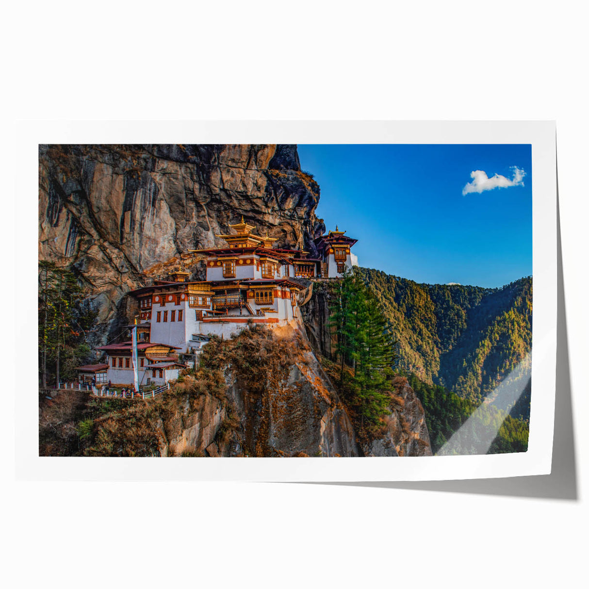 Extra large rolled print of a Bhutanese landscape, featuring vibrant green and blue tones, ideal for dining room wall art.