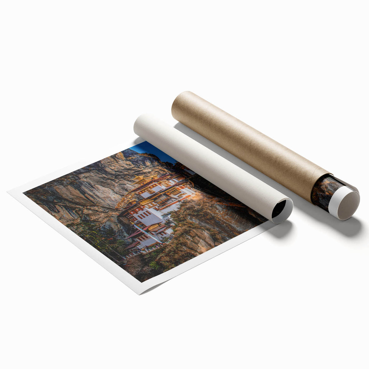 Extra large rolled print of a Bhutanese landscape with vibrant floral elements, ideal for classy bathroom wall art.