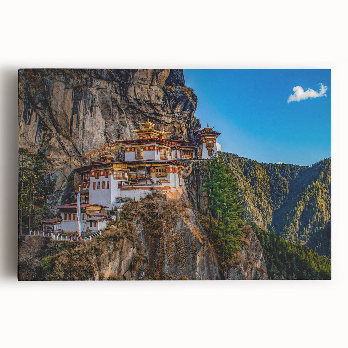 Black and white photograph of Bhutanese landscape on large stretched canvas, suitable for kitchen wall art.