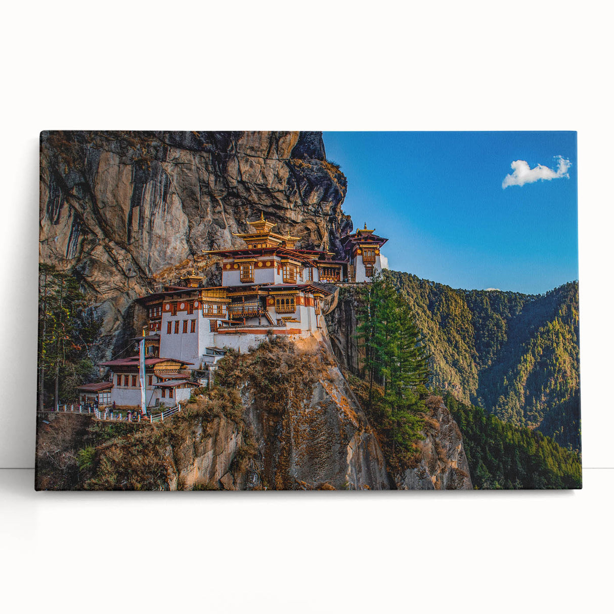Black and white photograph of Bhutanese landscape on stretched canvas, suitable as large kitchen wall art or bedroom decor.