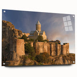 Large abstract wall art depicting a serene Asian landscape in muted green and blue tones on acrylic glass.